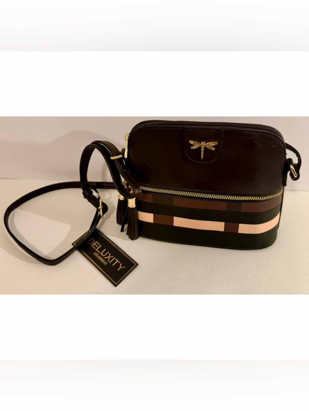 Deluxity Los Angeles Crossbody Bag Brown Plaid Stripe Dragonfly Tassel NEW